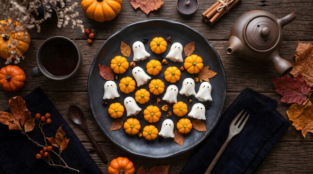 Top view flat lay of adorable ghost shaped sweets and pumpkin shaped Thai dessert Thong Ek served on a plate for Halloween
