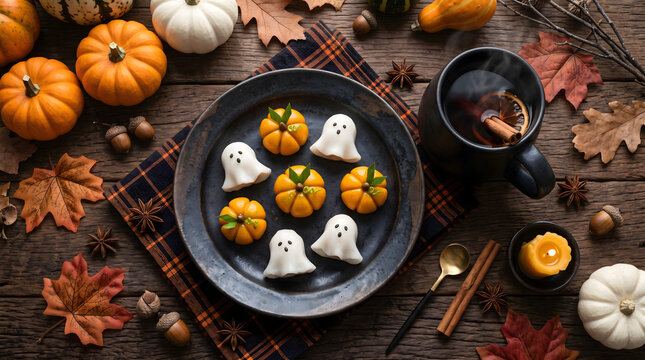 Top view flat lay of adorable ghost shaped sweets and pumpkin shaped Thai dessert Thong Ek served on a plate for Halloween