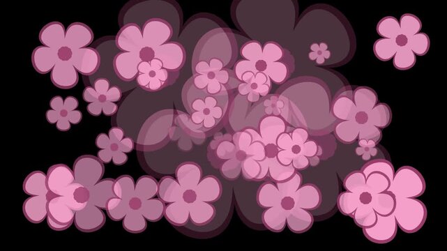 A 45 second motion graphic showcasing vibrant pink flowers with five rounded petals and darker centers, dynamically spinning, moving, and gracefully fading in and out against a transparent background.