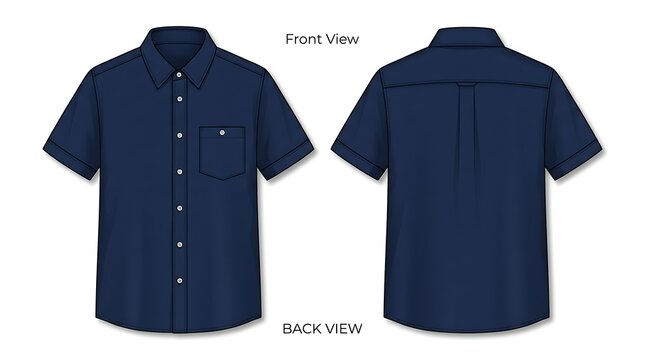 Navy Blue Men's Short Sleeve Button Down Shirt Technical Flat Sketch Vector Template with Front and Back Views Isolated on White for Fashion Design Mockup and Apparel Production Tech Pack