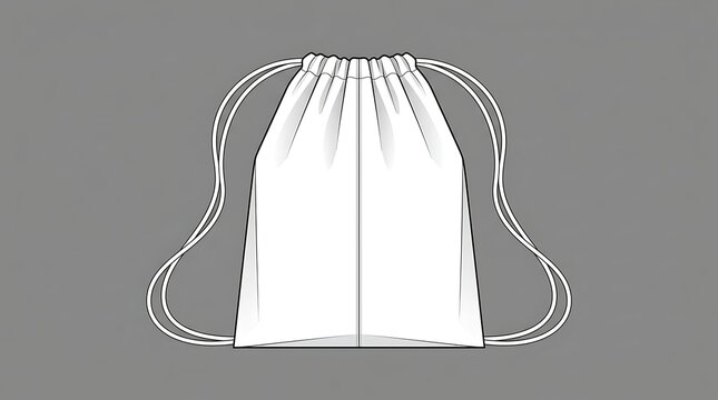 White Drawstring Backpack Vector Template, Flat Fashion Technical Illustration of a Gym Sack, Sport Bag Mockup for Apparel Design and Tech Packs, Isolated on Grey Background.