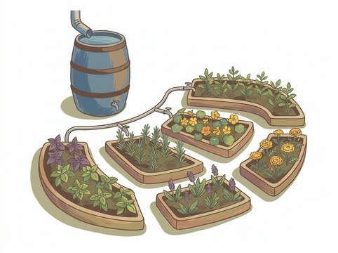 Permaculture system with rainwater collection barrel and companion planting in herb beds