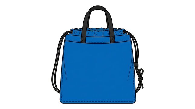Blue drawstring tote bag flat sketch vector illustration template, apparel technical drawing isolated on white, sport cinch bag with handles mockup for fashion design and manufacturing