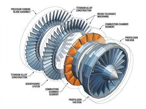 Precision machined turbine blades and circular components in aerospace engineering assembly