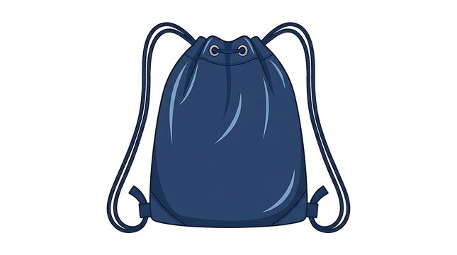 Navy Blue Drawstring Backpack Vector Illustration, Isolated Sport Cinch Bag Sackpack on White Background, Minimalist Flat Design for Travel, School, Gym, and Fitness Merchandise Mockup.
