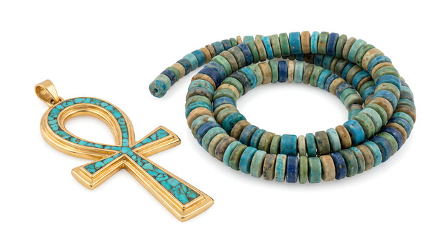 Egyptian gold and turquoise ankh pendant and coiled beaded necklace isolated on a white background for jewelry catalogs, cultural history educational materials, and retail website designs.