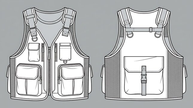 Utility Hunting Fishing Tactical Vest Technical Fashion Flat Sketch Vector Illustration, Front and Back View Workwear Garment CAD Template Isolated on Background