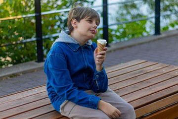Young boy holding ice cream cone on wooden park bench outdoors © Oleg