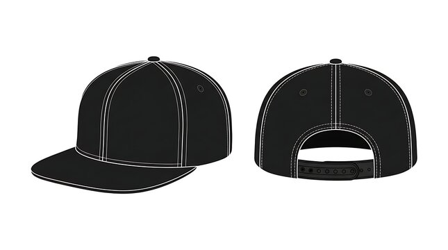 Black Snapback Cap Vector Mockup with Front and Back Views, Flat Brim Baseball Hat Technical Drawing, Headwear Apparel Illustration isolated on white background for clothing branding and design.