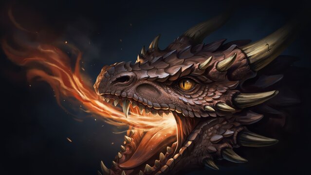 Fierce fire breathing dragon head with glowing eyes, mythical creature portrait, cinematic fantasy beast illustration