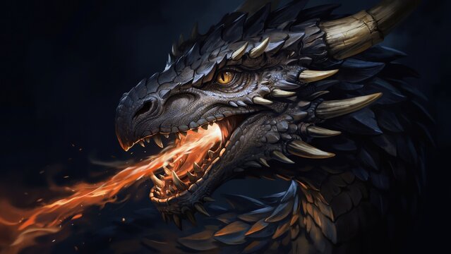 Majestic black dragon breathing fire, mythical creature with glowing eyes and sharp horns, fantasy monster portrait for gaming