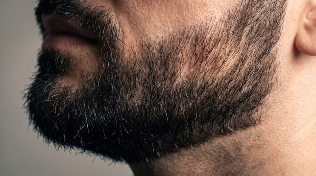 Close-up of a well-groomed dark brown beard and stubble on a man's jawline and cheek, side profile, natural light, for male grooming and lifestyle content