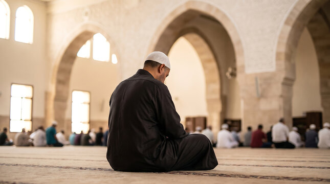 Rear view of Muslim man performing Salah prayer in congregation inside a grand mosque