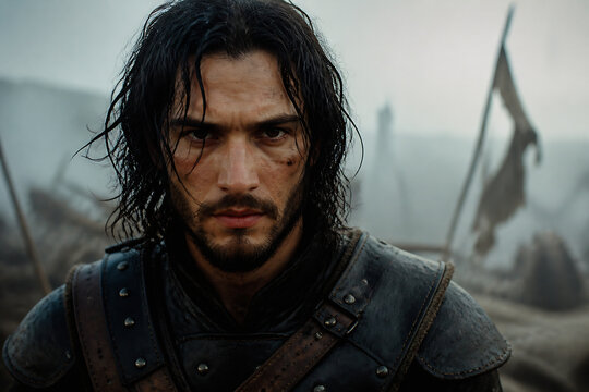 A dark-haired man with a rugged appearance stares intensely in an outdoor, desolate, and smoky setting.