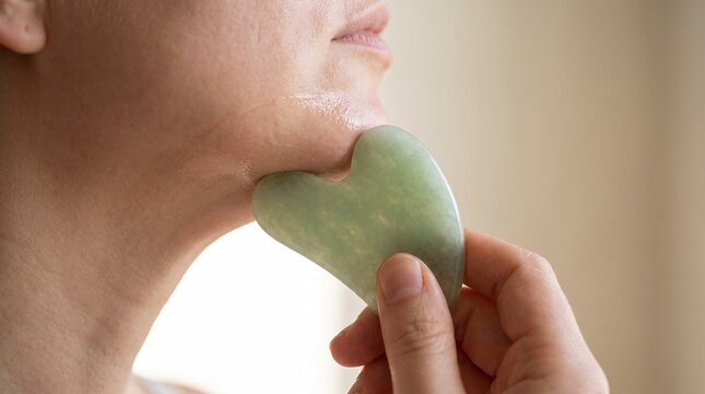 Close-up of a woman using a green jade gua sha stone on her jawline, a natural beauty tool for facial massage and skincare routine, promoting lymphatic drainage and healthy skin.