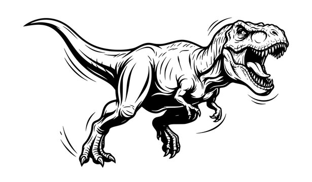 Fierce T Rex Dinosaur in Action Pose Black and White Vector Illustration