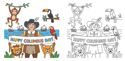 Obraz premium Happy Columbus Day Coloring Page with Explorer Holding Banner and Cute Animals