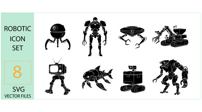 Futuristic robotic icon set with monster droid and mechanical shark.