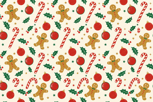 Gingerbread pattern with candy canes holly and ornaments