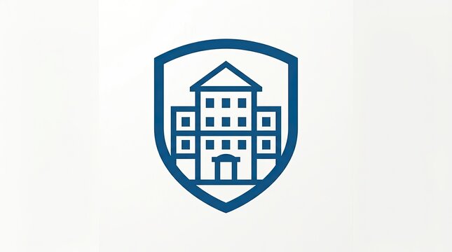 Blue hotel building icon inside a protective shield emblem for hospitality safety signage.