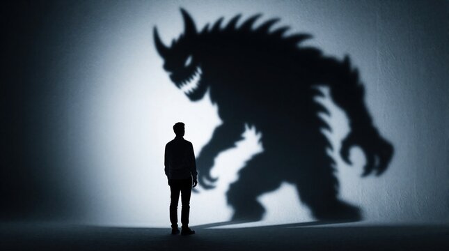 Man faces his large menacing shadow monster on wall. Person confronts internal fear, anxiety, or doubt. Represents overcoming inner demons and personal struggles.