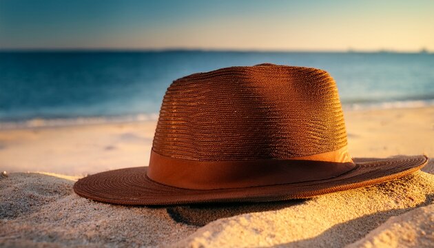 matahari topi topi coklat di atas pasir pantai sun hat on the beach