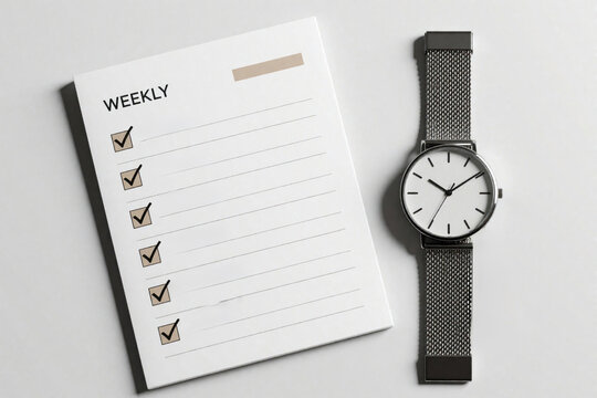 Top view of weekly planner with completed tasks and analog watch. This image symbolizes efficient time management, productivity, and goal achievement for work or personal life.
