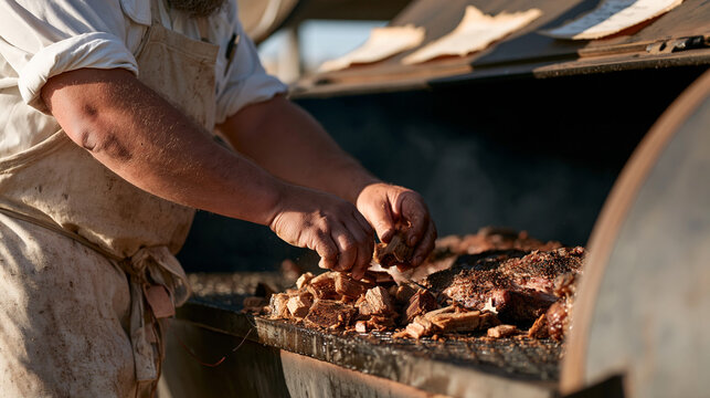 A barbecue smoking chef's hands at early morning mist carefully arrange wood chunks around a brisket in a large smoker, hand-torn paper labels with pit notes visible on the smoker