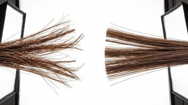 Damaged hair versus healthy hair comparison, a visual representation of split ends and brittle strands against smooth, strong hair, ideal for beauty and haircare product advertising.