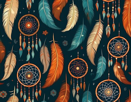 seamless pattern of dreamcatchers and feathers in bohemian style