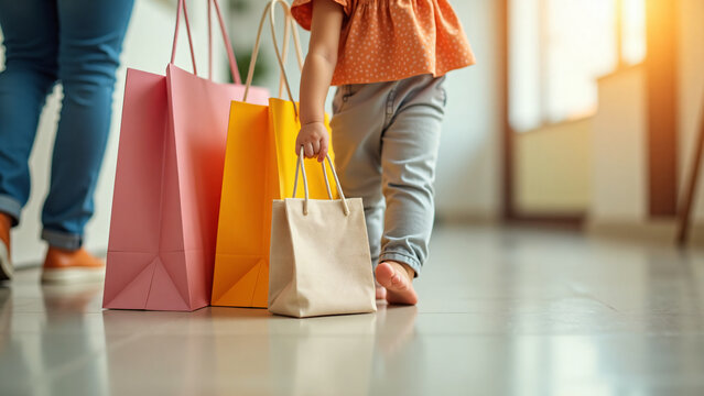 Family Shopping Moment with Child Holding Mini Bag