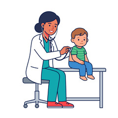 Fototapeta premium Female doctor examining a young child with a stethoscope in a medical clinic office.