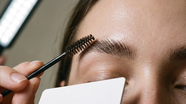 Close-up of a woman's eyebrow being brushed, a beauty treatment for perfect brows. Professional brow lamination, shaping, and grooming for a polished, natural look.