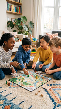 Children playing a cooperative board game on the floor, diverse ages and appearances, teamwork and problem-solving, simple game pieces without recognizable branding, Children's Day