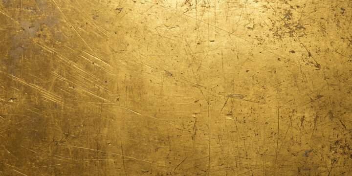 Textured brass surface with scratches and patina under warm directional lighting for background use