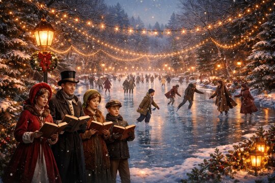 Victorian winter ice skating scene.