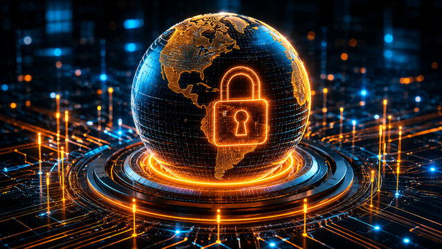 Glowing golden padlock icon on a transparent digital earth globe over a dark electronic circuit board. Concept of global internet security and international data protection.
