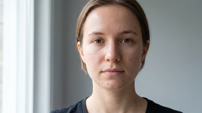 Natural light portrait of a serious young woman with fair skin and dark hair, looking directly at the camera, neutral expression, soft focus background, for editorial or commercial use