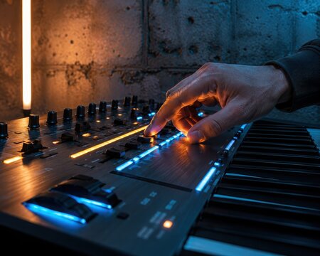 Musician's hand adjusting synthesizer knobs with blue and orange illumination creating electronic music ambiance