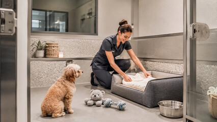 Pet care staff preparing a clean dog room at a pet hotel