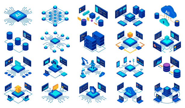  Isometric artificial intelligence technology vector icons set with neural network central processing unit microchip cloud computing data center servers and mainframe analytics