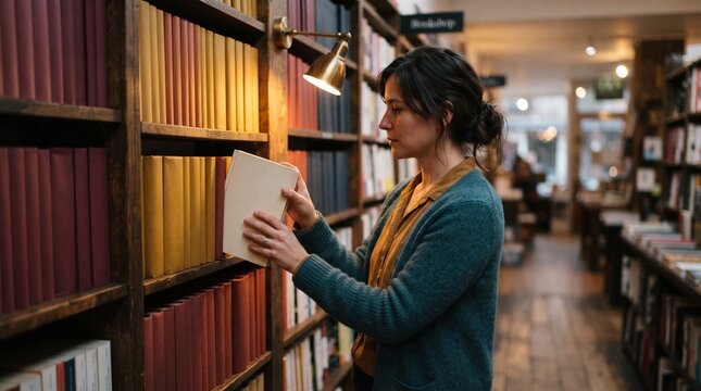 Reader chooses a book in the warm shop aisle