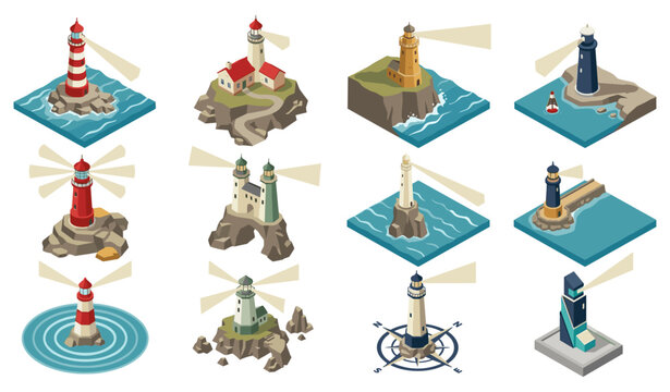 Nautical lighthouse collection featuring isometric ocean buildings light beam towers rocky cliffs harbor ports and marine navigation icons on white background