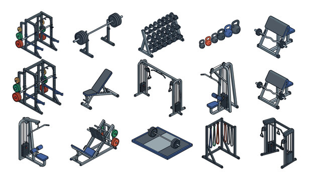 Fitness center machinery collection featuring isometric lat pulldown smith machine bicep curl station deadlift platform and strength training apparatus for workout