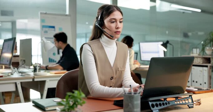Call center, headset and woman with laptop in office, lead generation or communication with contact. Telemarketing, consultant and person with tech, discussion and explaining services with coworking