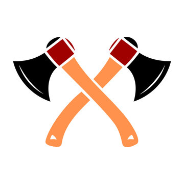 Flat vector icon of two crossed axes with wooden handles and sharp metal blades for logging