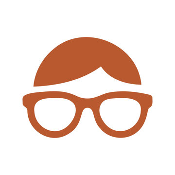Minimalist flat vector icon representing a person wearing glasses and hairstyle
