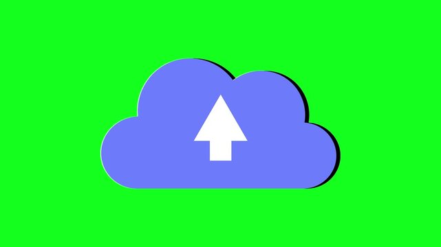 Digital cloud upload icon animation in blue with an upward arrow on a green screen, symbolizing secure data transfer and online storage solutions