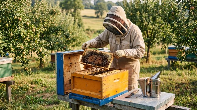 Protected beekeeper inspecting a painted hive at sunrise