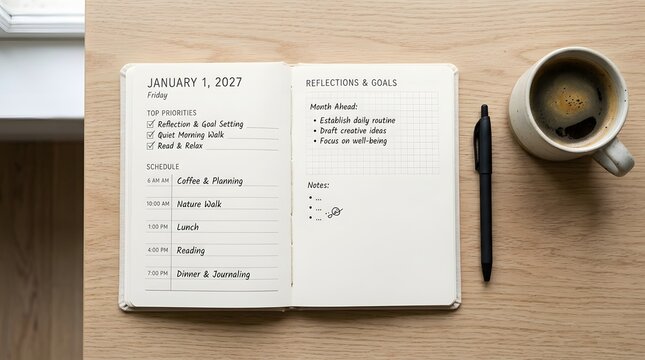 Organizer notebook with written daily schedule and goals lies open on a wooden table beside a pen and a cup of coffee.
